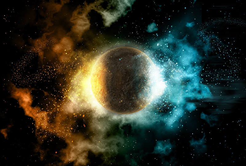 Space background with fire and ice planet