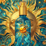 cosmetic bottle with luxurious art nouveau inspired sun relief background